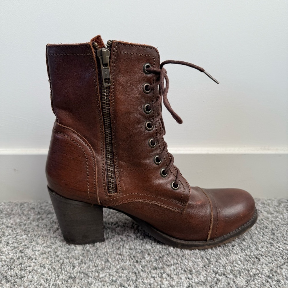 Steve Madden Troopa Brown Leather Combat Boots Zip Block Heel Women’s US 7.5 M